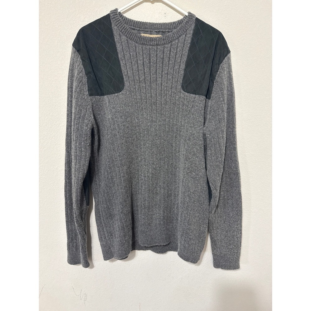 L.L. Bean Commando Sweater Mens XL Gray Merino Wool Ribbed Quilted Patch Vintage